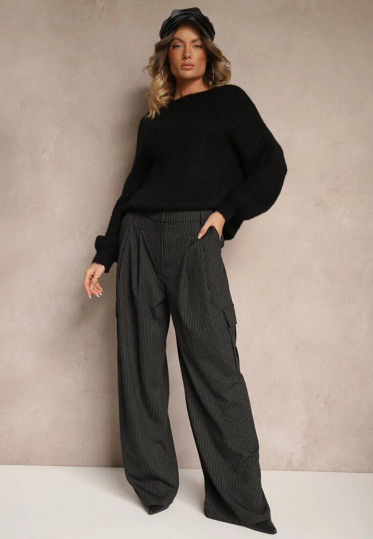 lefon Pantaloni de costum negri din viscoză cu croială largă decorate cu model în dungi