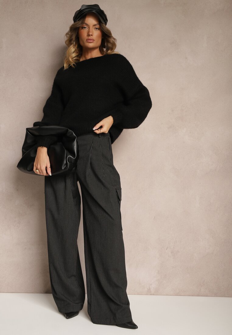 lefon Pantaloni de costum negri din viscoză cu croială largă decorate cu model în dungi