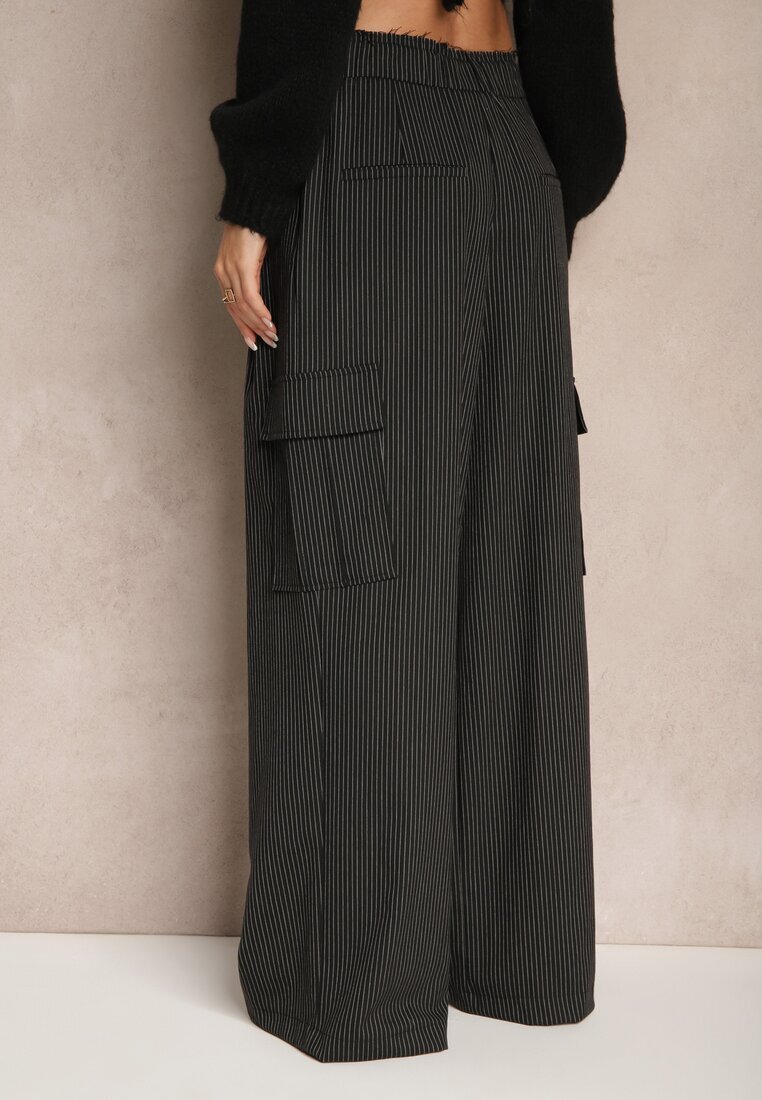 lefon Pantaloni de costum negri din viscoză cu croială largă decorate cu model în dungi