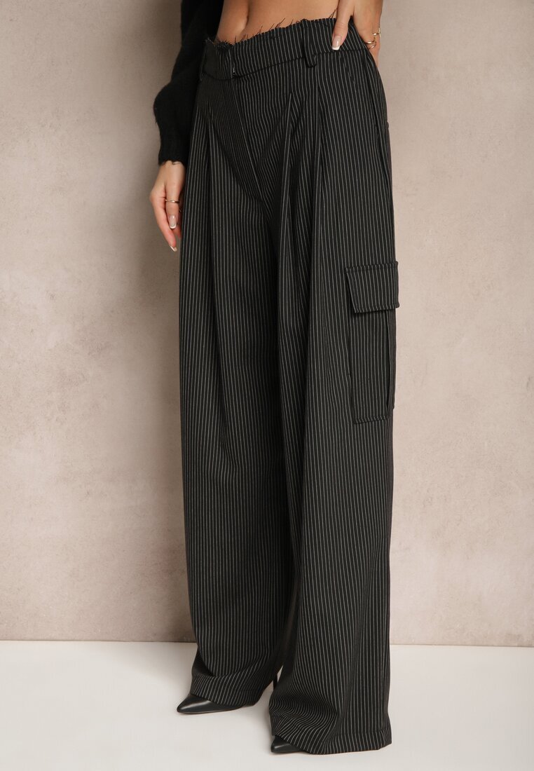 lefon Pantaloni de costum negri din viscoză cu croială largă decorate cu model în dungi