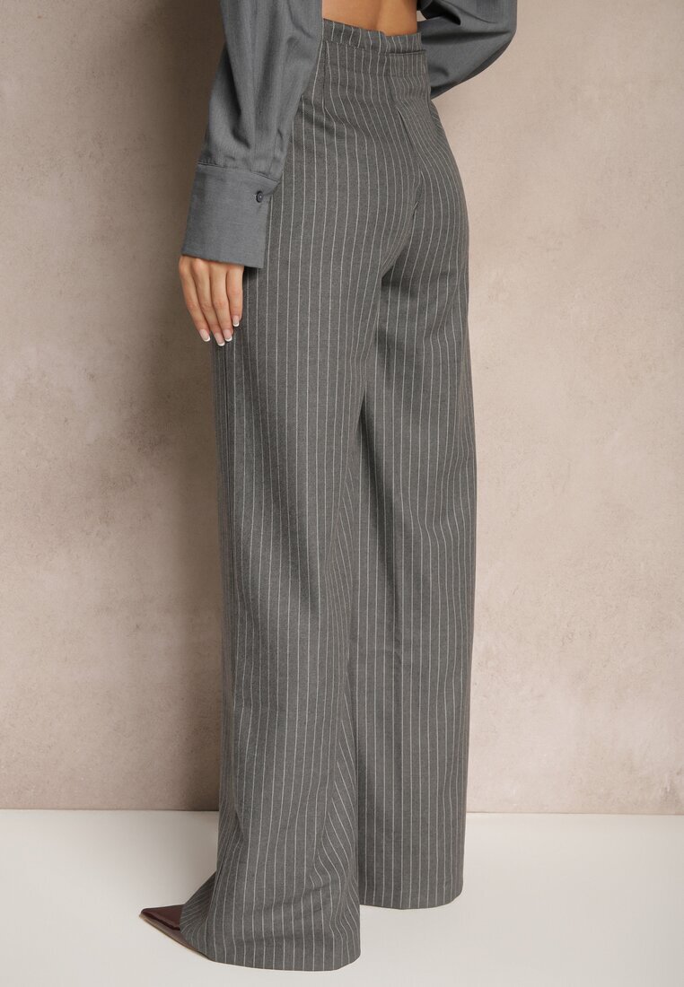 lefon Pantaloni Gri din Viscoză Stil Costum cu Buzunare și cu șnur Seviara