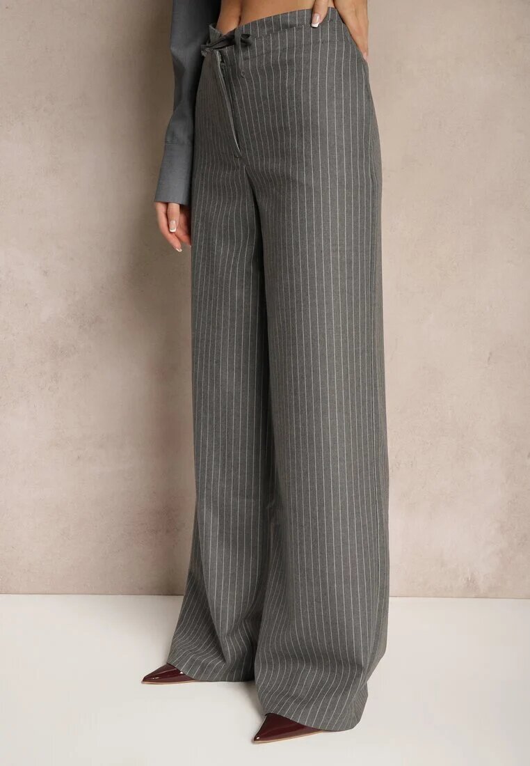lefon Pantaloni Gri din Viscoză Stil Costum cu Buzunare și cu șnur Seviara