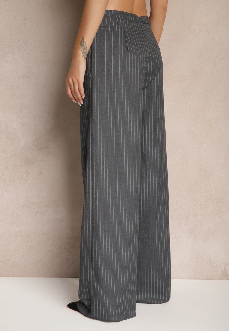 lefon Pantaloni Gri închis din Viscoză în Stil Costum cu Buzunare și Cordon Seviara