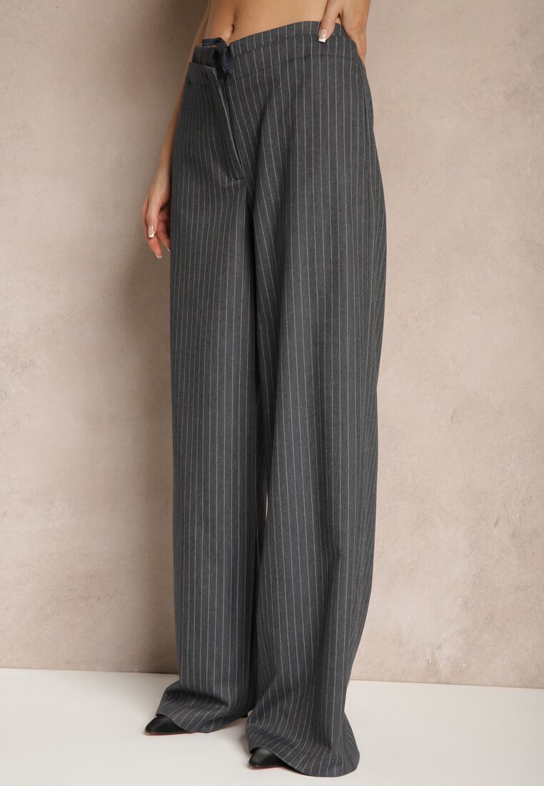 lefon Pantaloni Gri închis din Viscoză în Stil Costum cu Buzunare și Cordon Seviara