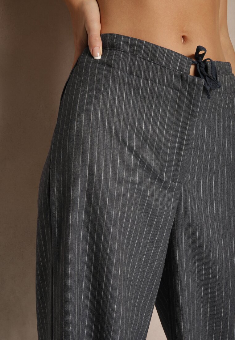 lefon Pantaloni Gri închis din Viscoză în Stil Costum cu Buzunare și Cordon Seviara