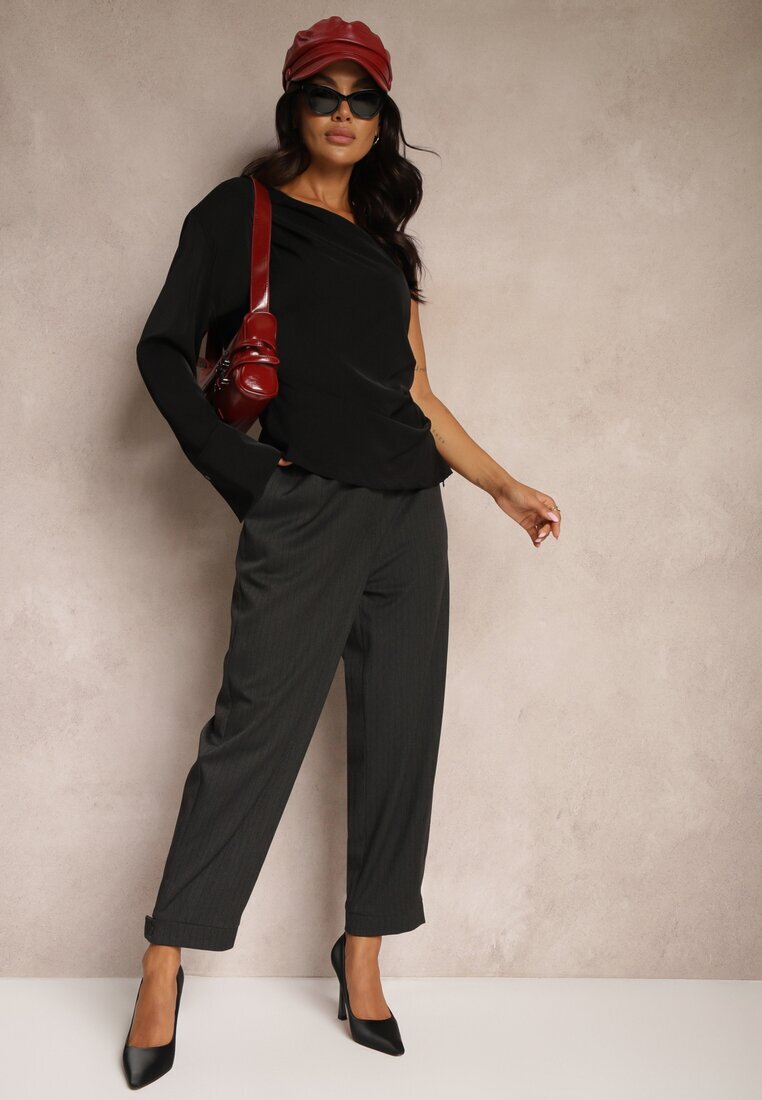 lefon Pantaloni gri închis eleganti cu picioare largi ușor dungați High Waist Belbanne