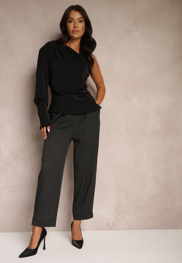 lefon Pantaloni gri închis eleganti cu picioare largi ușor dungați High Waist Belbanne