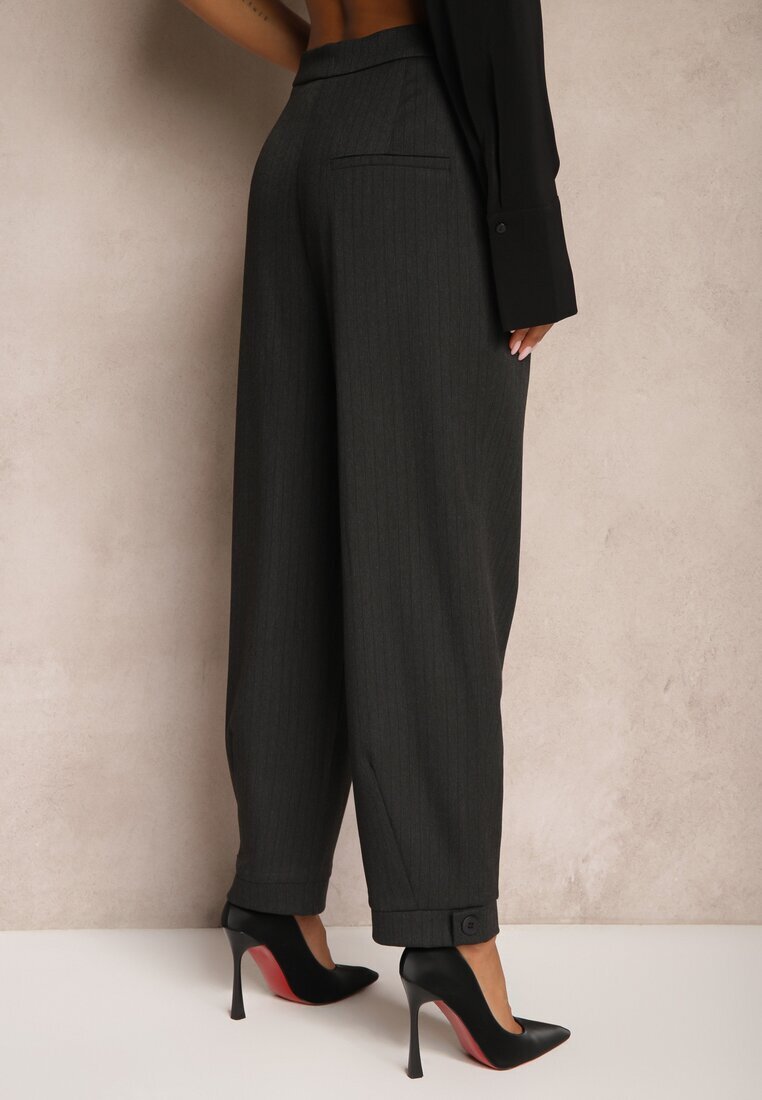 lefon Pantaloni gri închis eleganti cu picioare largi ușor dungați High Waist Belbanne