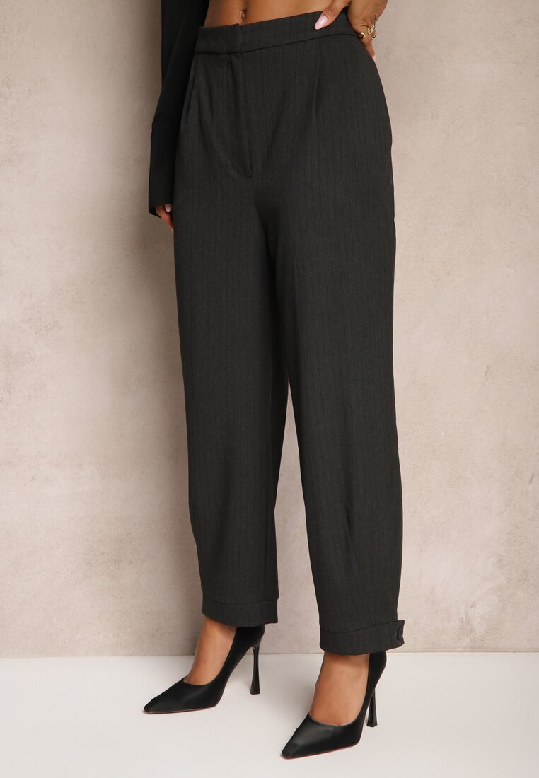 lefon Pantaloni gri închis eleganti cu picioare largi ușor dungați High Waist Belbanne