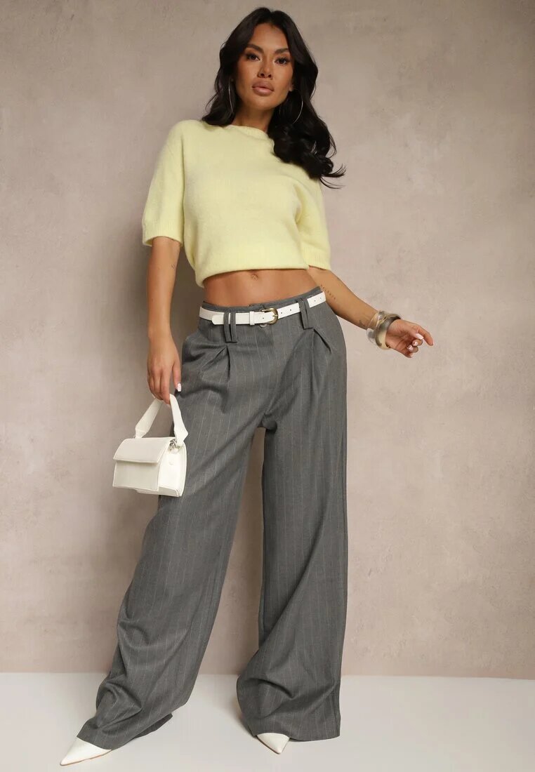 lefon Pantaloni Gri închis Largi din Viscoză în Stil Costum Filorra