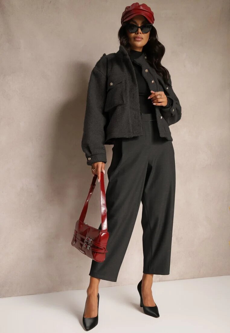 lefon Pantaloni Gri închis stil costum High Waist Relessa