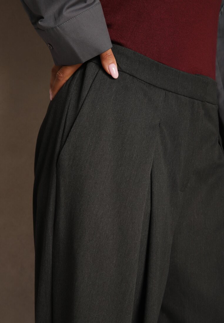 lefon Pantaloni Largi Gri închis din Viscoză cu Croi de Costum cu Pliuri și Buzunare Lobine