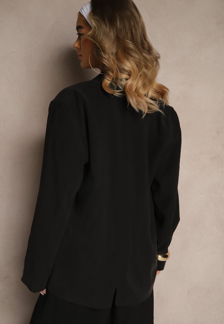 lefon Sacou Negru din Modal cu croi drept Oversize cu buzunare Maviline