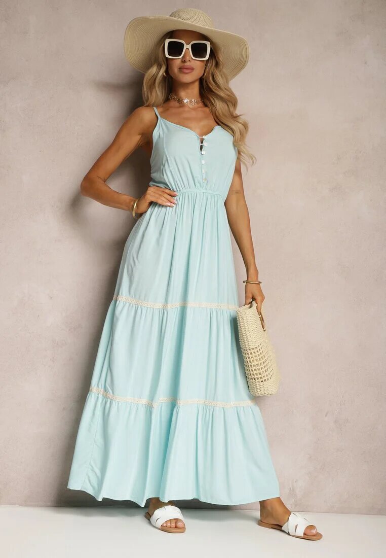 lf women Rochie albastru deschis închisă cu nasturi cu bretele cu elastic în talie și volan Tiamalia