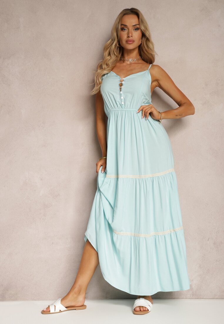 lf women Rochie albastru deschis închisă cu nasturi cu bretele cu elastic în talie și volan Tiamalia
