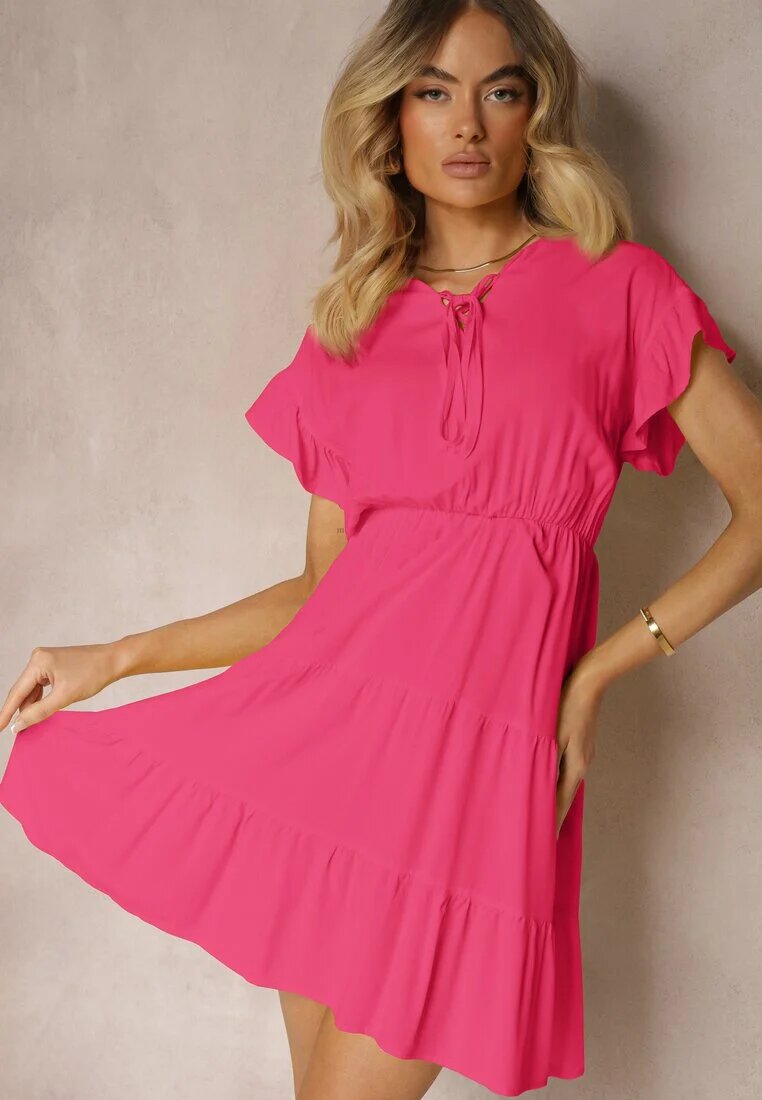 lf women Rochie Fucsia Legată cu Cordon din material cu Elastic în Talie și Volan Tiamari