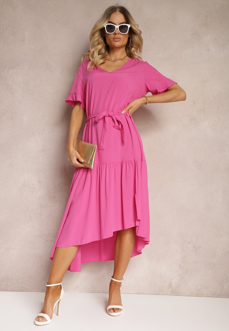 lf women Rochie Fucsia Tip Cutie cu Volane și Centură din Material în Talie Dimrias