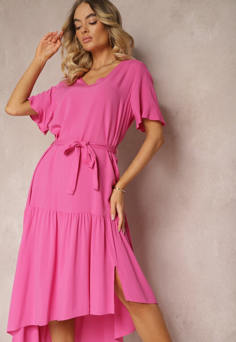 lf women Rochie Fucsia Tip Cutie cu Volane și Centură din Material în Talie Dimrias