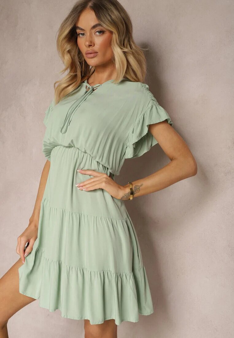 lf women Rochie Mentă Legată Cu Cordon Din Material Cu Elastic În Talie Și Volan Tiamari
