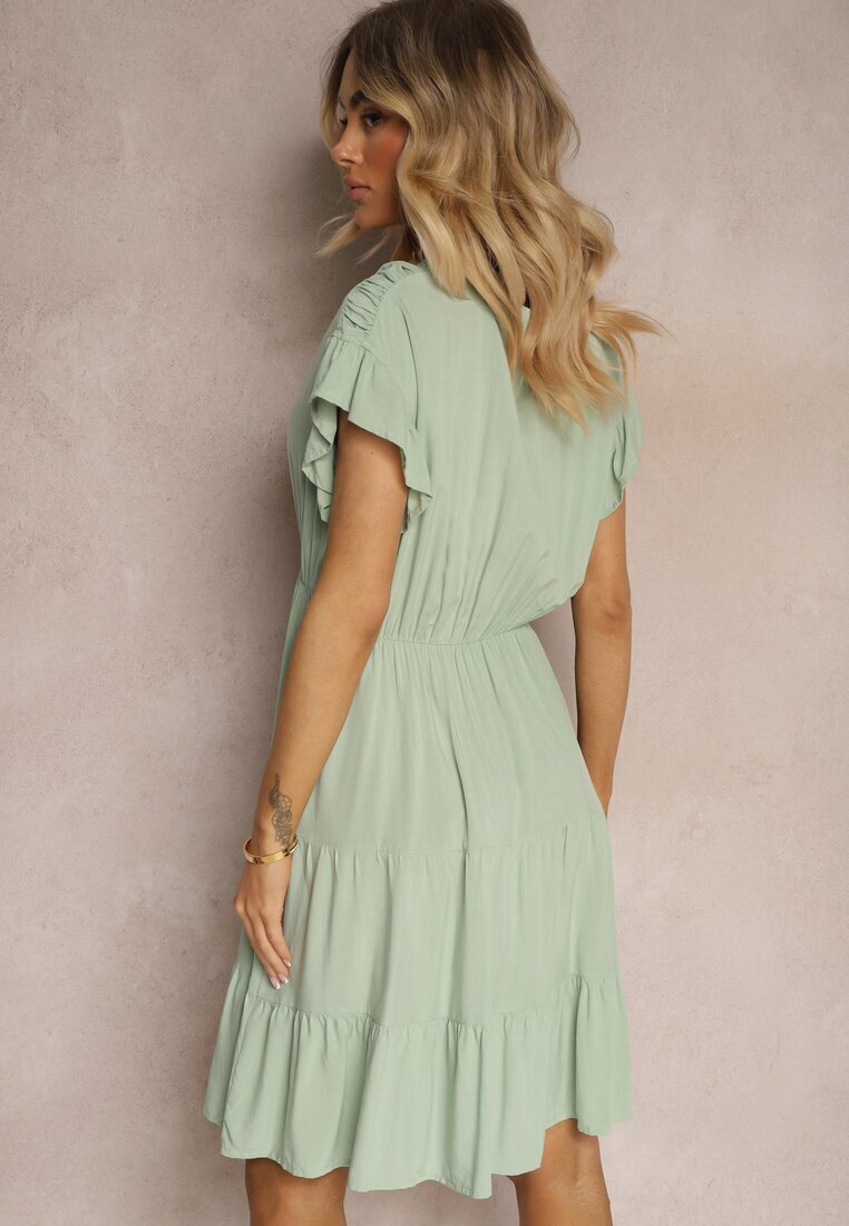 lf women Rochie Mentă Legată Cu Cordon Din Material Cu Elastic În Talie Și Volan Tiamari