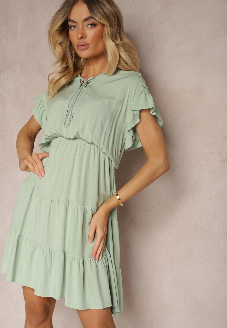 lf women Rochie Mentă Legată Cu Cordon Din Material Cu Elastic În Talie Și Volan Tiamari