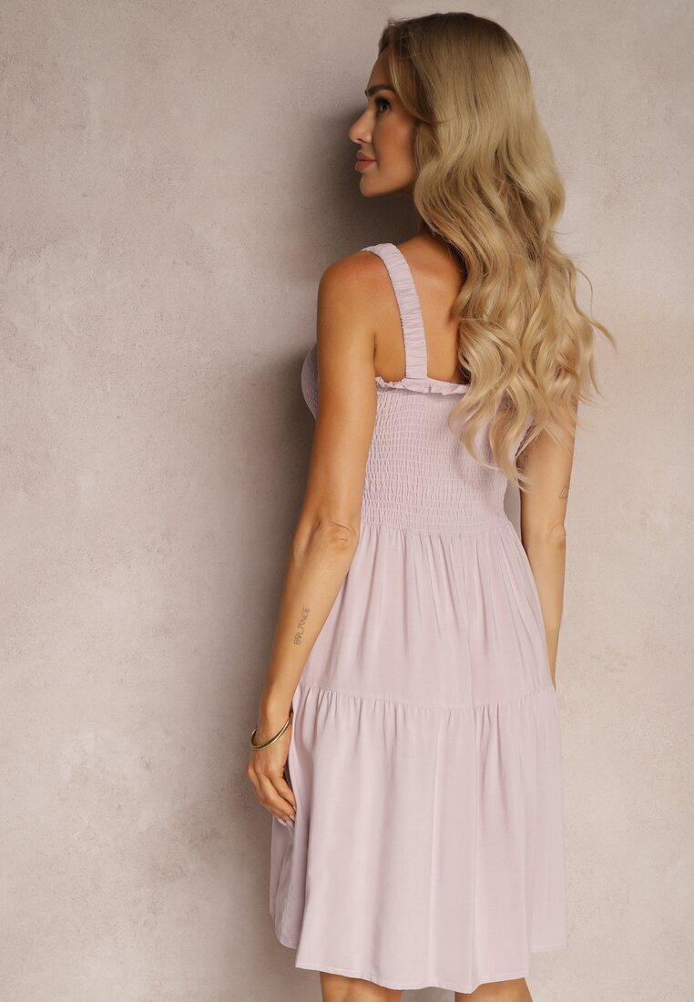 lf women Rochie Roz închis cu bretele cu volan și elastic în talie Tiamare