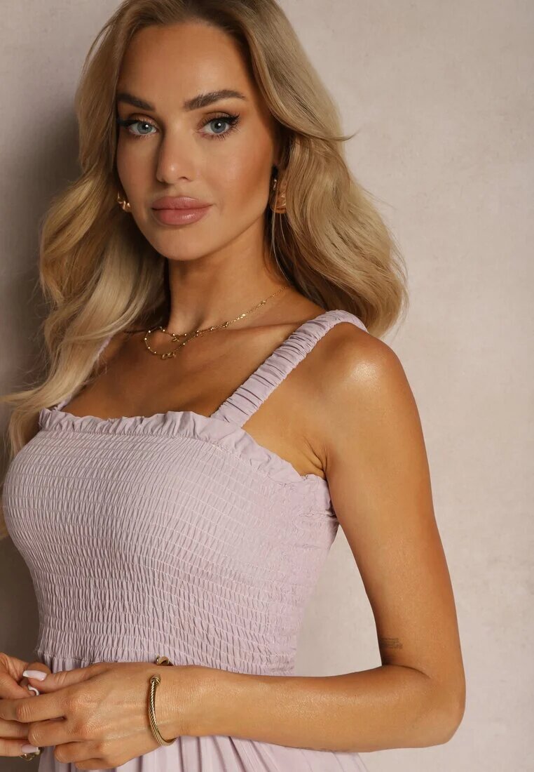 lf women Rochie Roz închis cu bretele cu volan și elastic în talie Tiamare