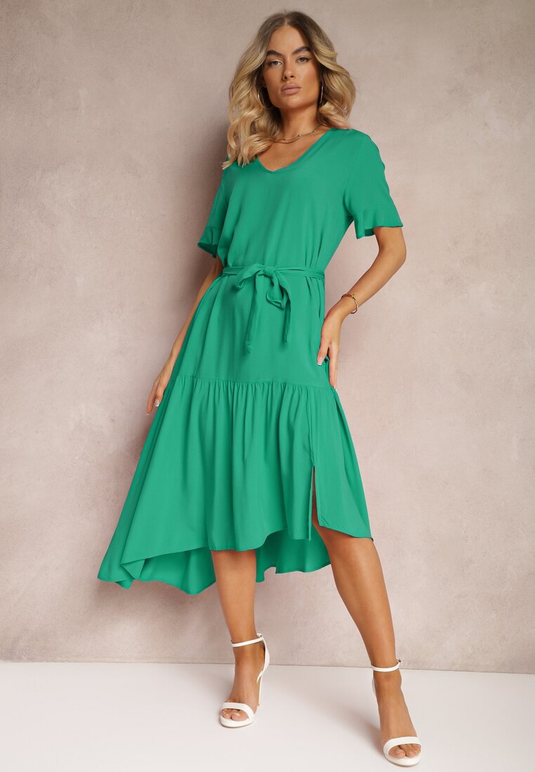 lf women Rochie Tip Cutie Verde Închis cu Volane și Curea din Material în Talie Dimrias