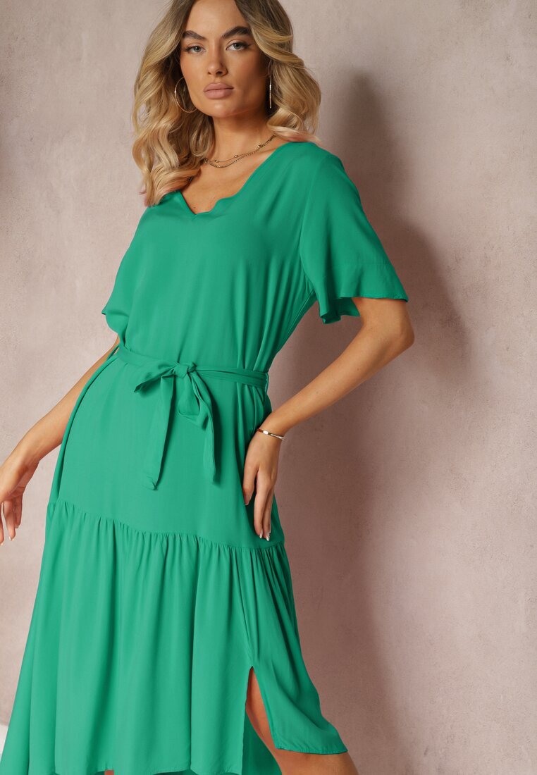 lf women Rochie Tip Cutie Verde Închis cu Volane și Curea din Material în Talie Dimrias
