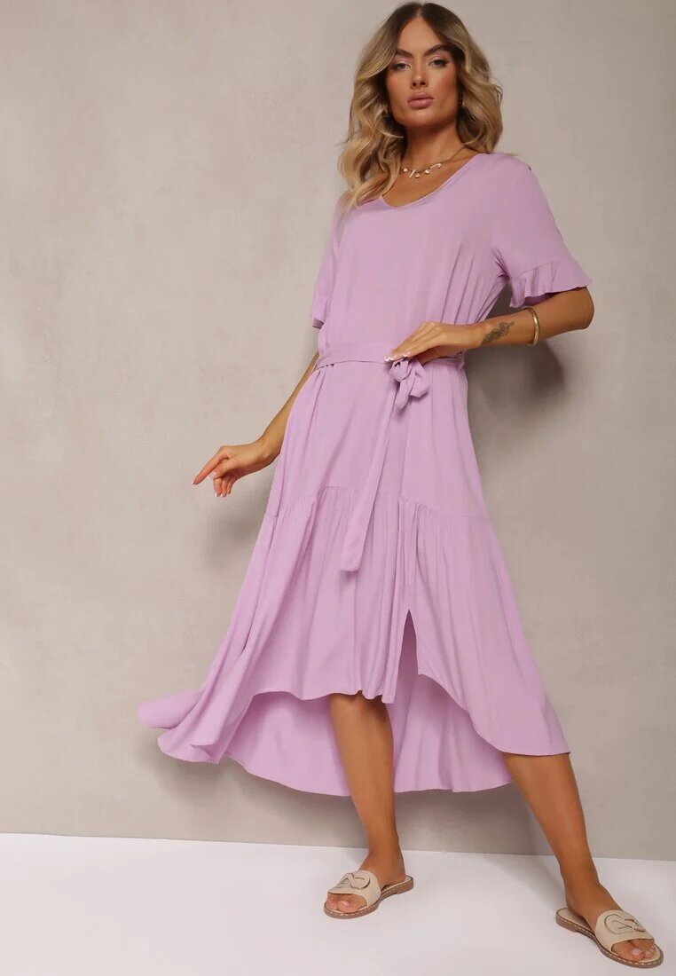lf women Rochie tip cutie violet cu volane și curea din material textil în talie Dimrias
