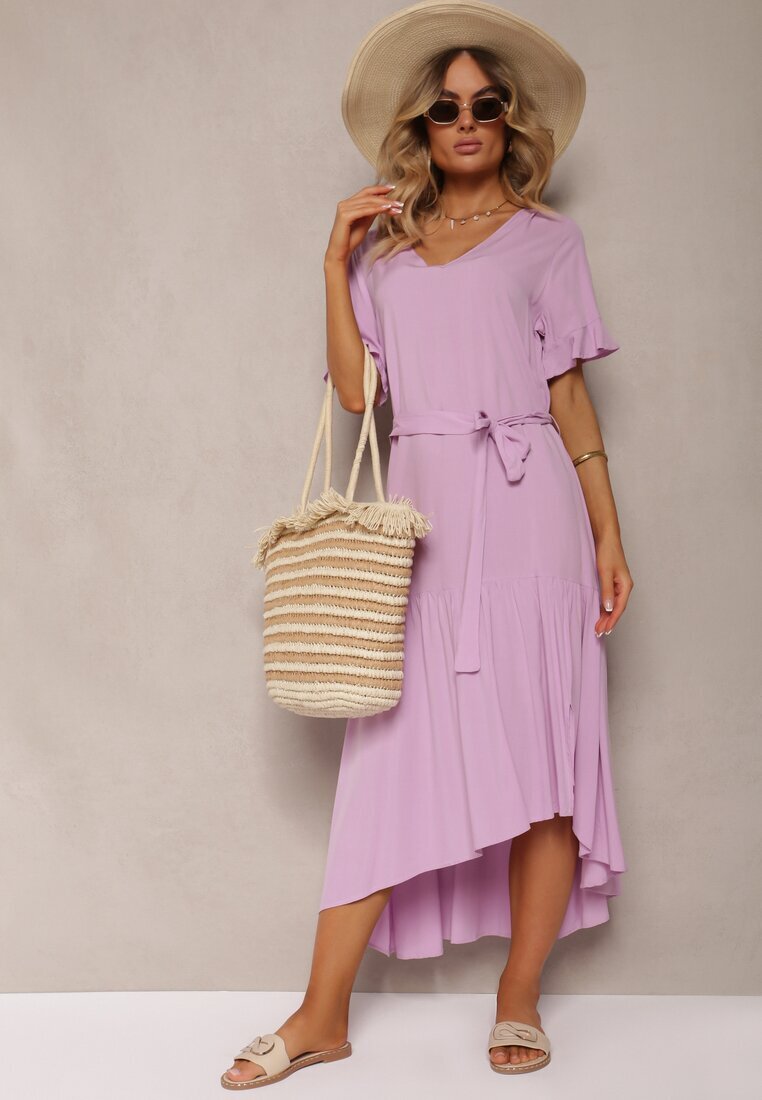 lf women Rochie tip cutie violet cu volane și curea din material textil în talie Dimrias