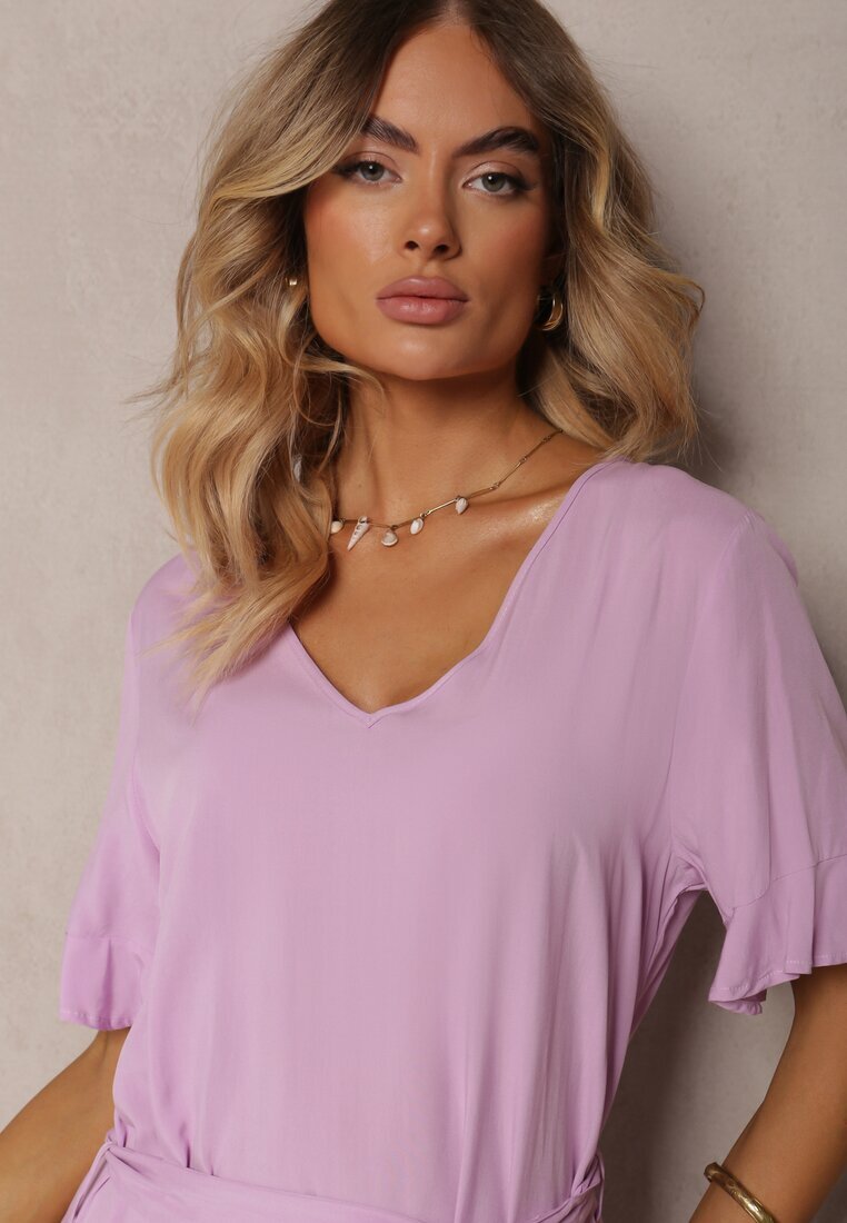 lf women Rochie tip cutie violet cu volane și curea din material textil în talie Dimrias