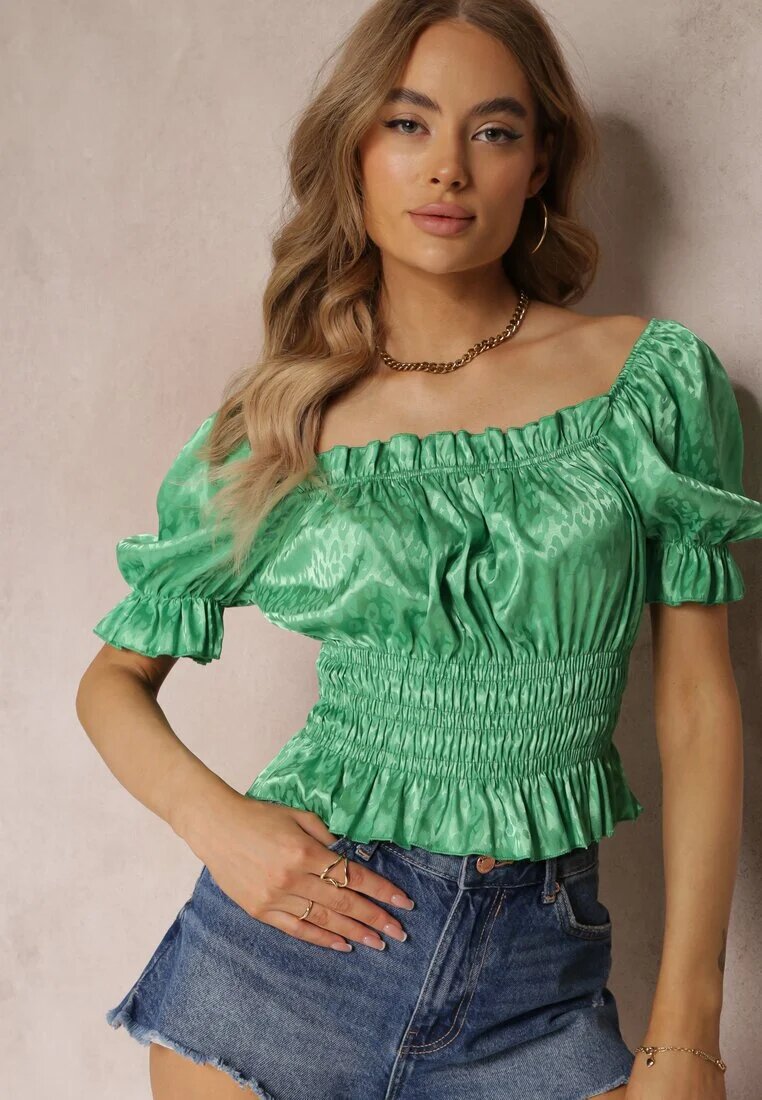 lily rose Bluză Verde cu Decolteu Decorativ și Elastic în Talie din Țesătură de Satin Agathli