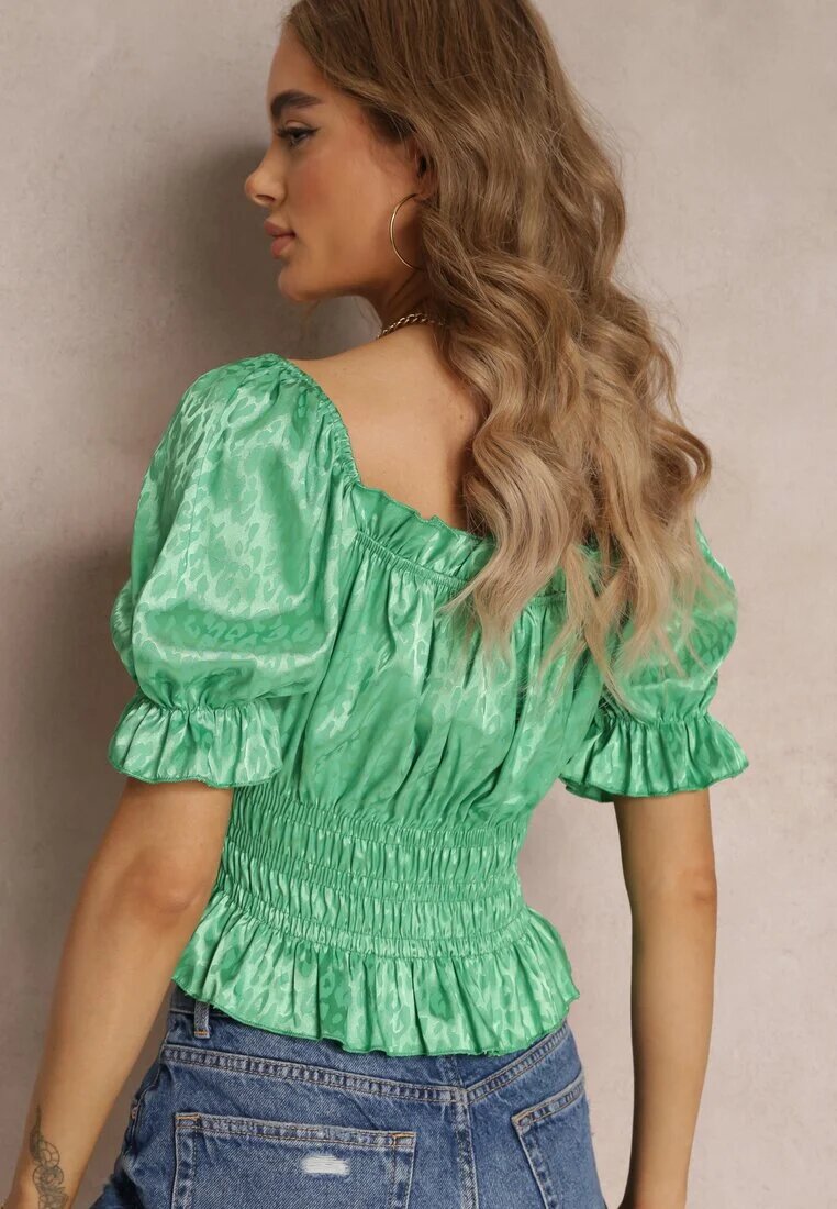 lily rose Bluză Verde cu Decolteu Decorativ și Elastic în Talie din Țesătură de Satin Agathli
