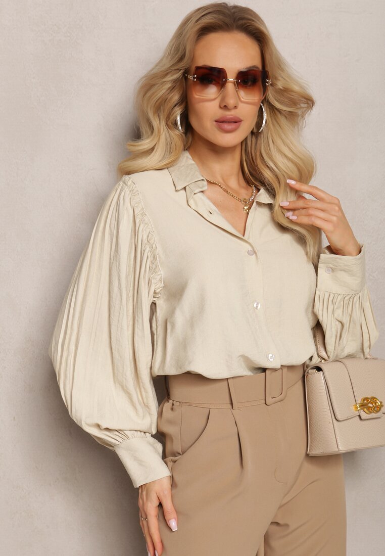 lily rose Cămașă Bej cu Mâneci Decorative din Țesătură Plisată Zemona