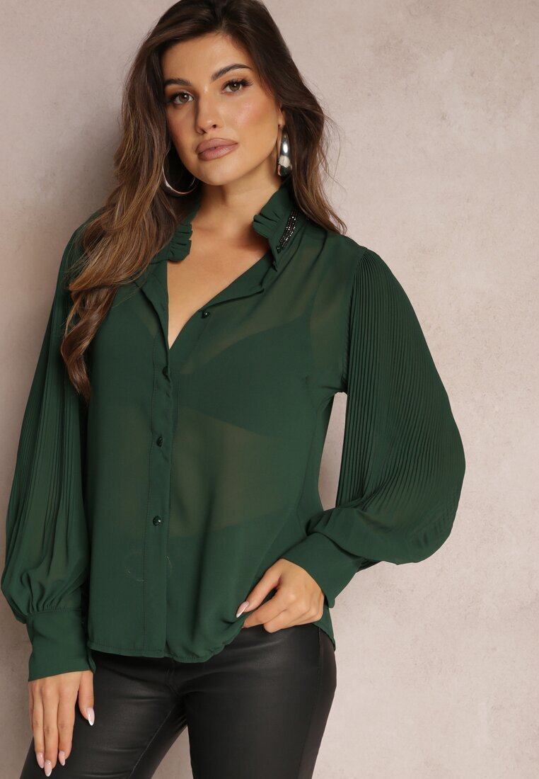lily rose Cămașă Verde închis cu guler tunica cu zirconii și cu mânecă bufantă Kutto