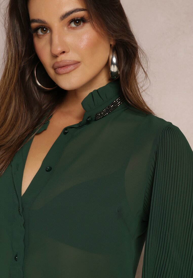 lily rose Cămașă Verde închis cu guler tunica cu zirconii și cu mânecă bufantă Kutto