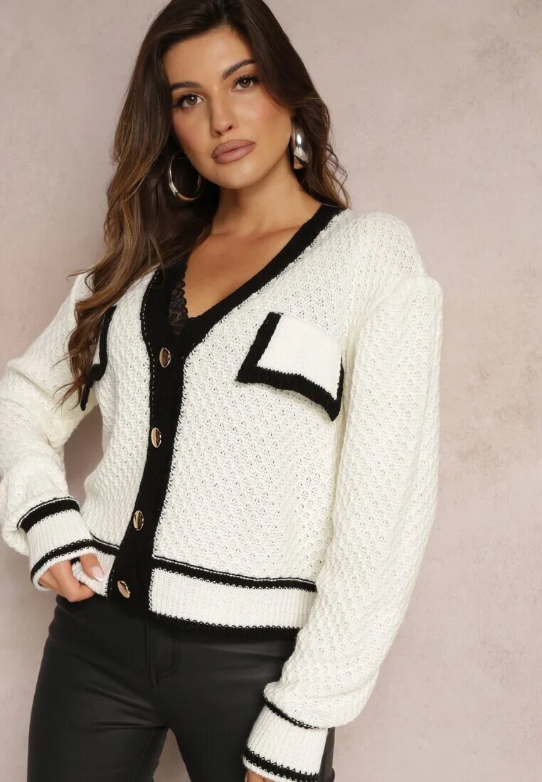 lily rose Cardigan Alb din Tricot cu Bordură Decorativă și Nasturi Amesta