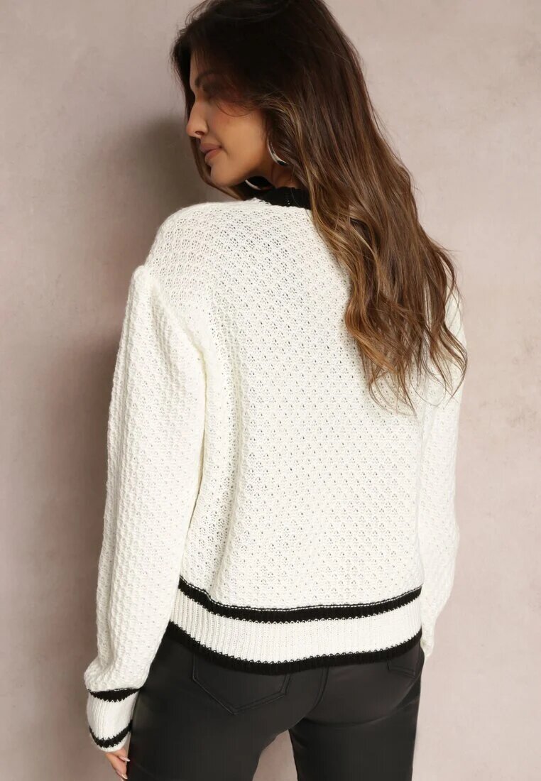 lily rose Cardigan Alb din Tricot cu Bordură Decorativă și Nasturi Amesta