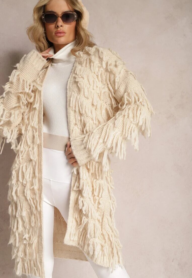 lily rose Cardigan bej deschis descheiat cu franjuri decorativi Massawa