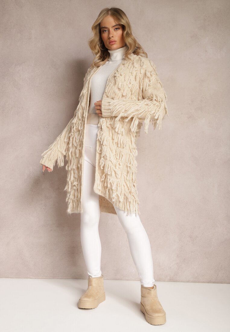 lily rose Cardigan bej deschis descheiat cu franjuri decorativi Massawa