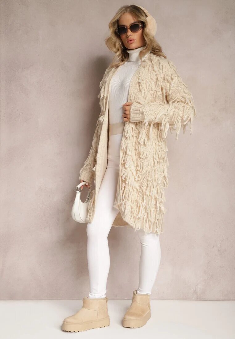 lily rose Cardigan bej deschis descheiat cu franjuri decorativi Massawa