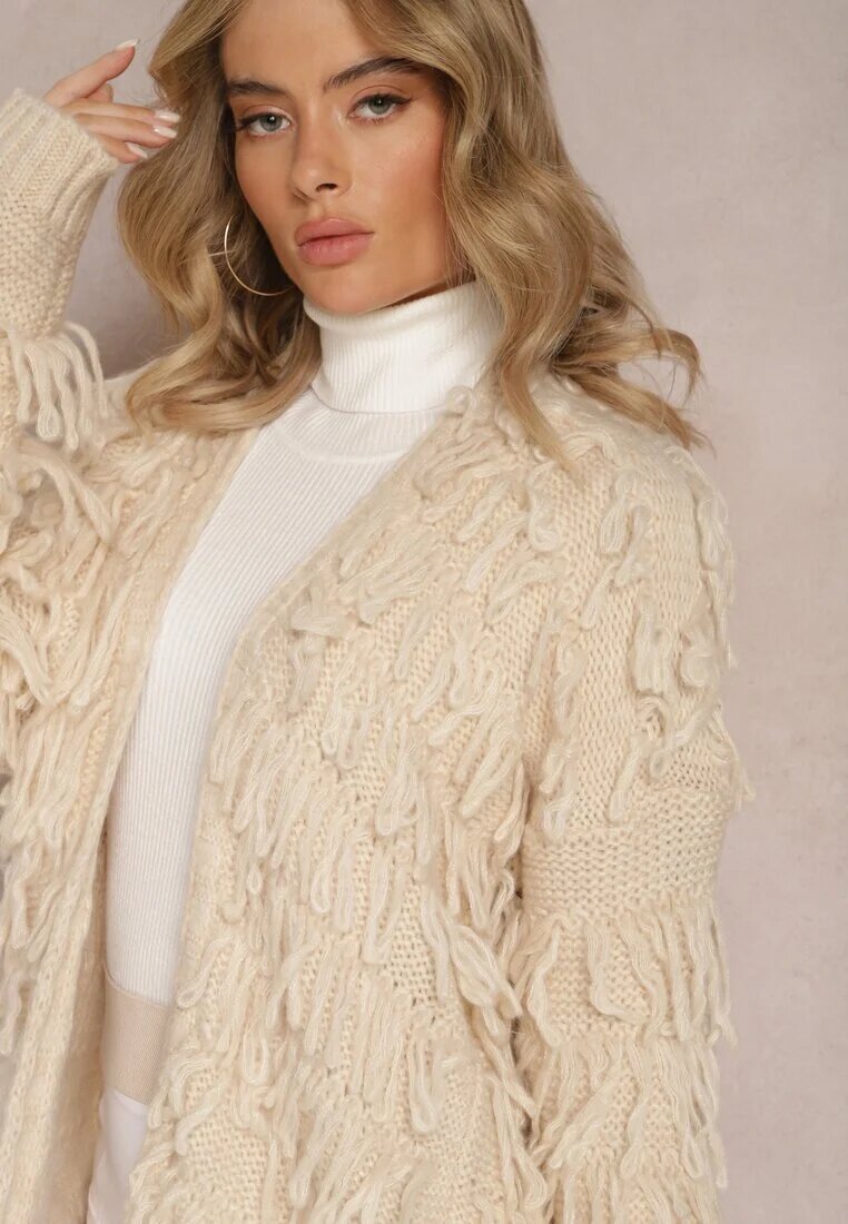 lily rose Cardigan bej deschis descheiat cu franjuri decorativi Massawa