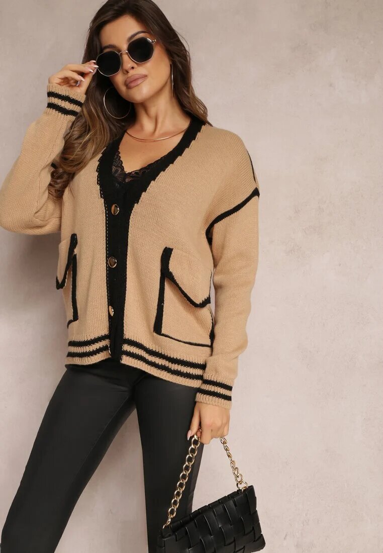 lily rose Cardigan Bej închis cu Nasturi Metalici și Tivuri Decorative Abovza