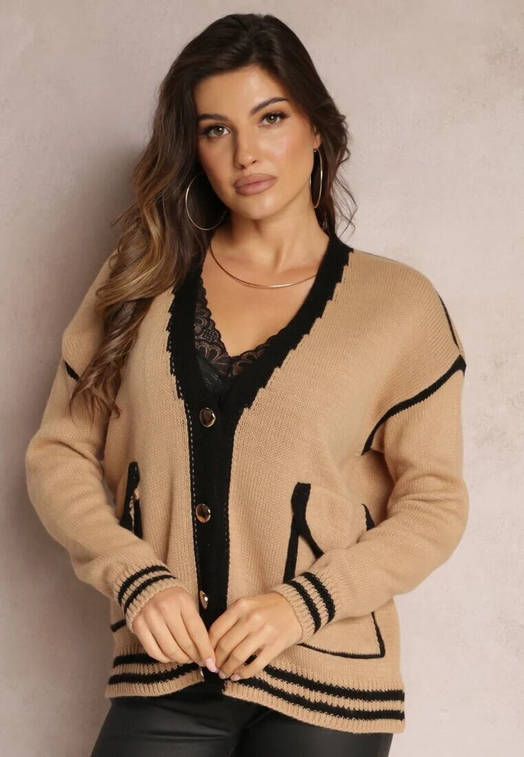 lily rose Cardigan Bej închis cu Nasturi Metalici și Tivuri Decorative Abovza