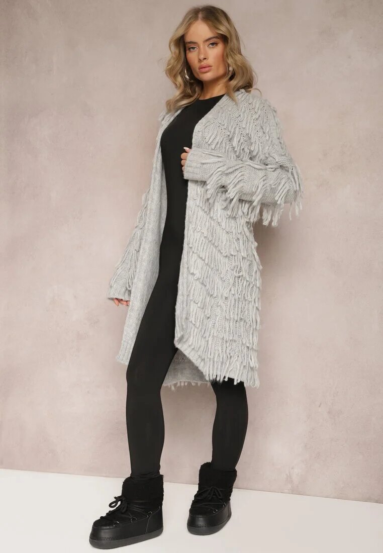 lily rose Cardigan Gri Deschis cu Franjuri Decorativi Massawa
