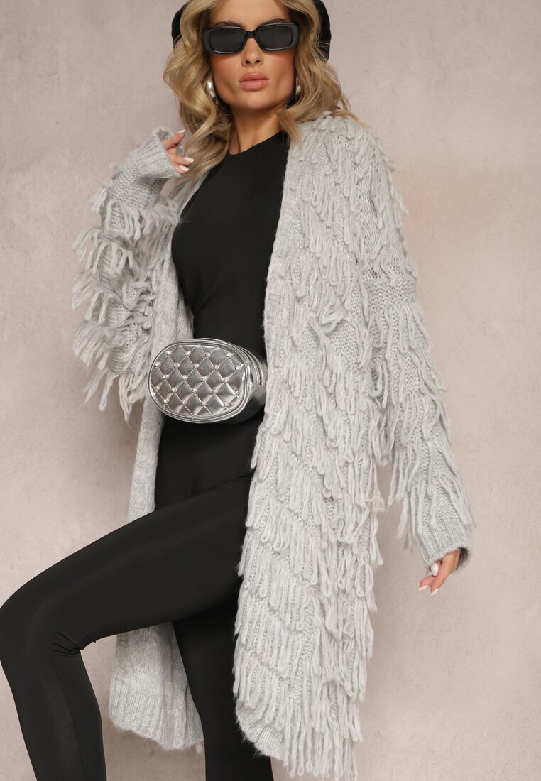 lily rose Cardigan Gri Deschis cu Franjuri Decorativi Massawa