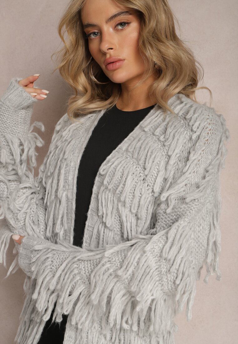 lily rose Cardigan Gri Deschis cu Franjuri Decorativi Massawa