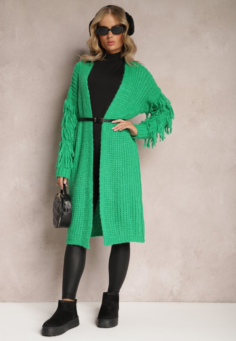 lily rose Cardigan Lung Verde deschis Tricotat cu Franjuri Decorative și Curea Mesfin