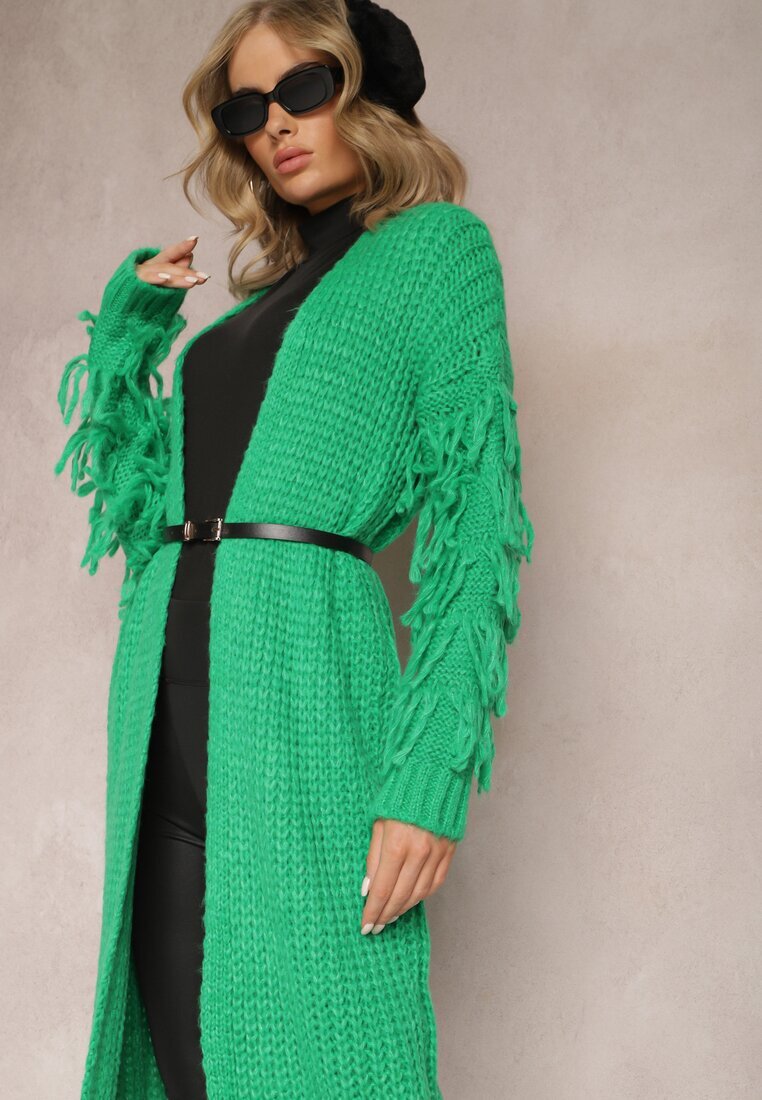 lily rose Cardigan Lung Verde deschis Tricotat cu Franjuri Decorative și Curea Mesfin